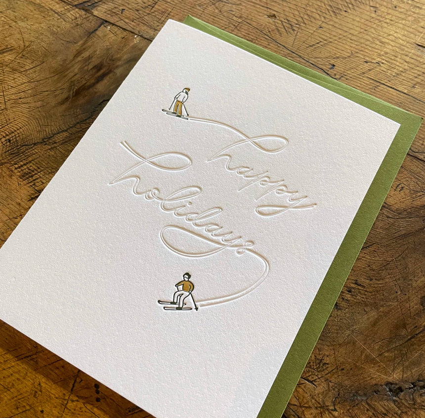 Happy Holidays Skiers Letterpress Card